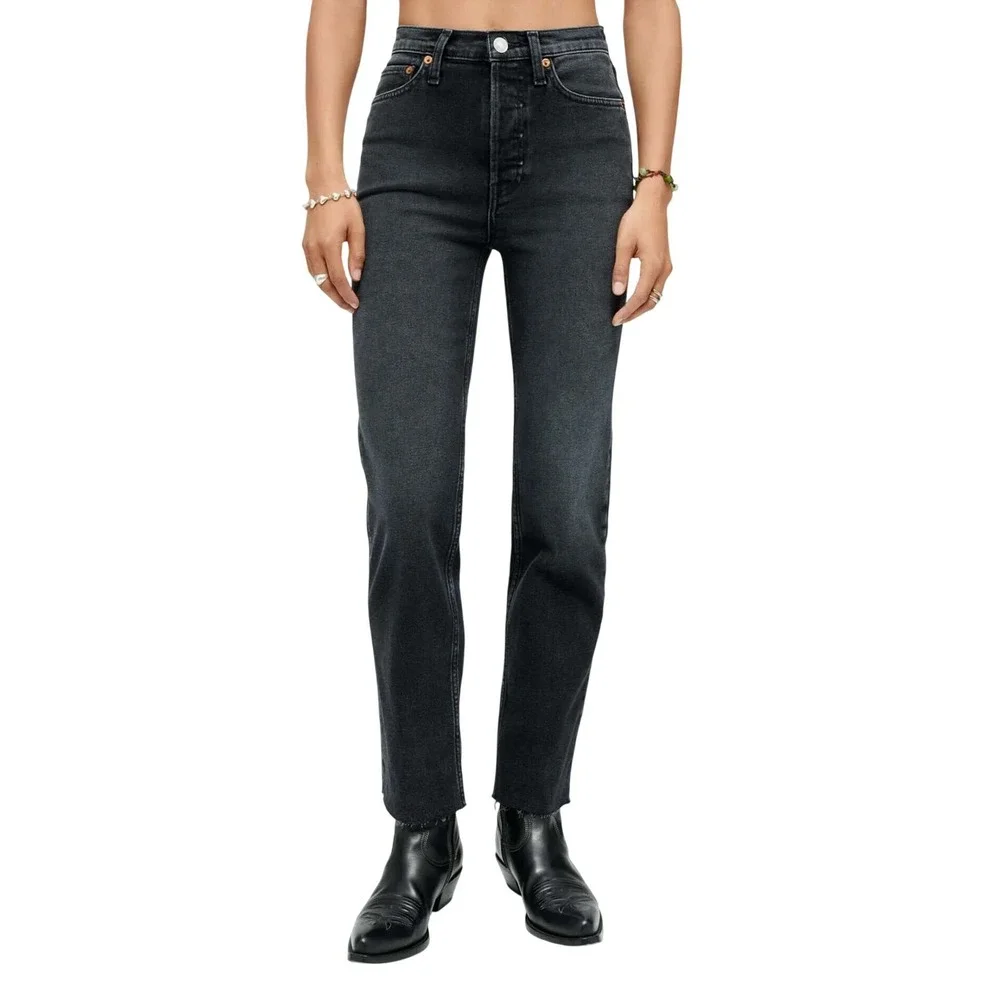 RE/DONE Comfort Stretch High Rise Stove Pipe‎ Jeans Faded Black Raw Hem Size 27